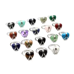 Elegant heart-shaped natural stone rings set in adjustable silver bands for women