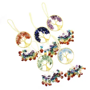 Natural Stone Tree Of Life Hanging Ornament Seven Chakra Crystals Healing Stones Handwoven Braided Rope Interior Car Decor