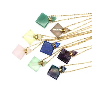 Variety of natural gemstone rhombus perfume bottle pendant necklaces on gold chains.
