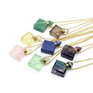 Collection of colorful natural crystal perfume bottle necklaces with diamond-shaped pendants