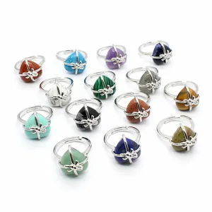 Ins Style Heart Natural Stone Open Ring For Women Men Personalized Wire Wrapped Bow Knot Adjustable Alloy Ring Jewelry