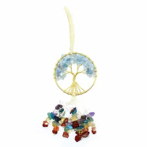 Handmade Tree of Life car hanging ornament featuring colorful natural chakra crystal stones