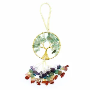 Detail view of a handmade seven chakra Tree of Life car hanging ornament with stones