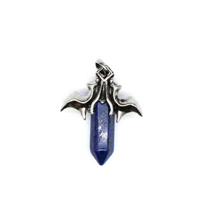Gothic hexagonal blue lapis lazuli stone pendant with antique silver dragon wings design.