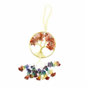 Detailed view of 7 chakra tree of life car hanging with natural crushed crystal stones