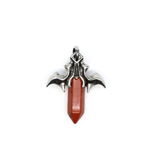 Vintage gothic silver dragon wing pendant with red jasper hexagonal crystal stone pillar