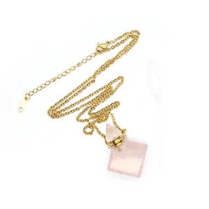 Rose quartz rhombus perfume bottle pendant necklace with plastic dropper tool for essential oils