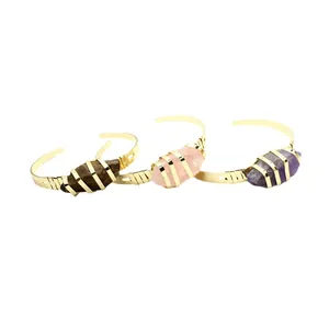 Bracciali rigidi placcati oro con ametista grezza, quarzo rosa e occhio di tigre