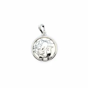 Detailed view of silver fox pendant necklace with white marble-patterned stone inlay.