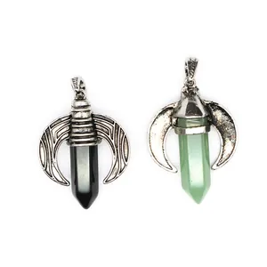 Men's hexagonal crystal pendants with vintage silver dragon wings in black and green