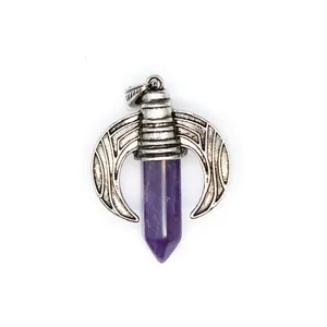 Vintage amethyst hexagonal crystal pendant with silver dragon wing motif for men