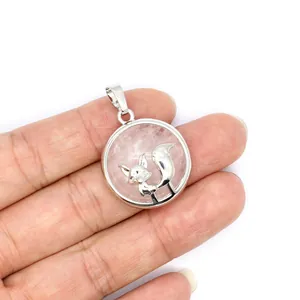 Handmade ins style fox pendant necklace featuring pink natural stone and silver frame