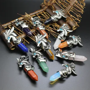 Variety of men's dragon pendants featuring hexagonal natural crystal pillars in multiple colors.