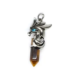 Vintage silver dragon head pendant featuring a polished tiger eye crystal hexagonal pillar