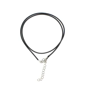 Close-up of 2mm black faux leather cord necklace with silver lobster clasp and extender
