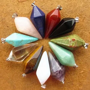 Hexagonal Double Pointed Crystal Pendant Necklace Alloy Polished Healing Stone Dowsing Pendulum Gemstone Amethyst Rose Quartz Obsidian Necklace For Women Men