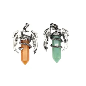 Pair of vintage dragon-wrapped hexagonal crystal pillar pendants in orange and green