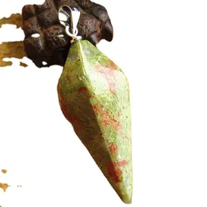 Hexagonal Unakite stone pendulum pendant with silver bail for meditation jewelry