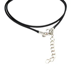 2mm black wax leather cord necklace with silver lobster clasp and 5cm extender chain