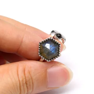 Close-up of hexagon labradorite and hematite open adjustable ring on finger