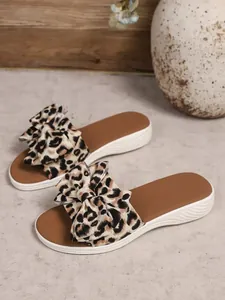 Stylish leopard print bow-knot flat slide sandals with soft white thick sole for women