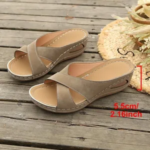 Detailansicht der Keilsandaletten mit Kreuzriemen und Angabe der 5,5 cm Absatzhöhe.