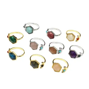 Set of hexagonal natural stone open rings in gold and silver boho style
