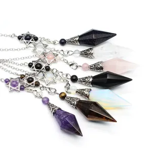 Collection of assorted natural stone hexagonal prism pendulums with silver hexagram charms