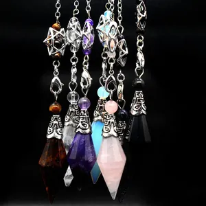Natural Stone Double Pointed Crystal Pendulum Necklace With Dreamcatcher Feather Hexagram Star Divination Healing Pendant