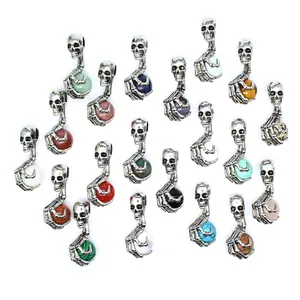 Punk Stil Totenkopf Skelett Klaue Drachen Anhänger Halskette Für Herren Vintage Silber Legierung Naturstein Kristall Gothik Schmuck Anhänger