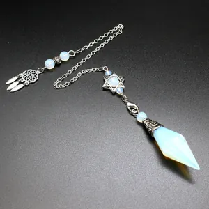 Faceted natural opalite stone pendulum featuring silver dreamcatcher and hexagram charms