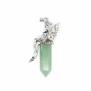 Detailed macro view of green natural stone hexagonal pillar pendant with silver fairy