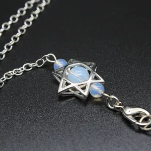 Close-up of silver hexagram star pendant with blue opalescent beads and chain
