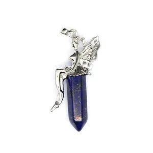 Detail view of silver fairy sitting on a hexagonal blue lapis lazuli crystal pendant
