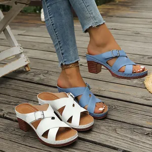 Damen Mode Kreuzriemen Blockabsatz Sandalen PU-Leder Durchbrochen Hoher Absatz Sommer Outdoor Pantoletten