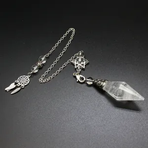 Clear quartz crystal pendulum with silver dreamcatcher and hexagram chain details