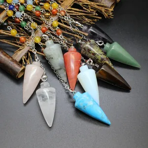 Natural Crystal Cone Pendulum Pendant Necklace With Seven Chakra Beads Healing Dowsing Spiritual Stone Jewelry For Women Men