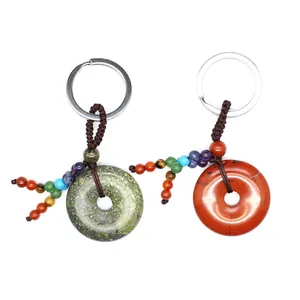 Natuursteen Genezende Kristal Sleutelhanger Veelkleurige Chakra Kralen Huaigu Donut Hanger Gevlochten Touw Sleutelring Voor Unisex Tas Decoratie