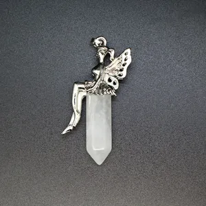 Detail view of a fairy-shaped alloy decor on a white natural stone hexagonal pillar pendant.