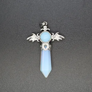 Detailed view of opalite hexagonal pillar pendant with intricate silver angel wings