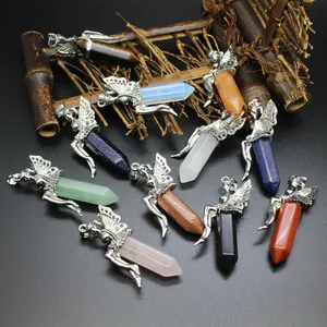 Fashion Natural Stone Hexagonal Pillar Pendant Alloy Silver Fairy Angel Crystal Pendants Rose Quartz Lapis Jewelry For Women