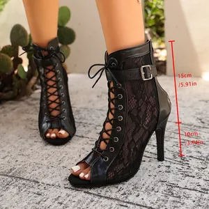 Elegante schwarze Schnür-Stilettos mit Netzeinsatz und 10 cm hohem Absatz für Damen