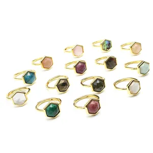 Natural Stone Hexagon Crystal Ring Gold Plated Adjustable Open Ring For Women Sunstone Moonstone Amethyst Malachite Jewelry