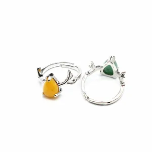 Vintage Antler Adjustable Open Ring For Women Teardrop Crystal Natural Stone Animal Shape Silver Alloy Finger Ring Elegant Forest Style Jewelry Gift