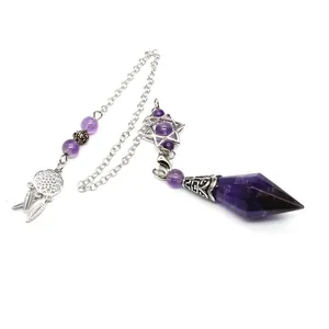 Detailed view of natural amethyst pendulum featuring dreamcatcher and hexagram silver charms