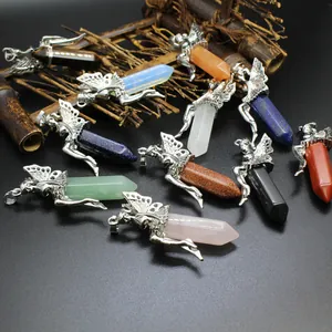Assorted natural stone hexagonal point pendants with silver fairy wing wrap details.