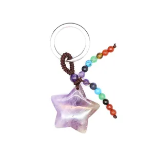 Detailed view of natural amethyst star keychain with colorful chakra beads on white