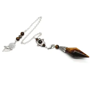 Detailed close-up of tiger's eye stone pendulum featuring dreamcatcher and star charms