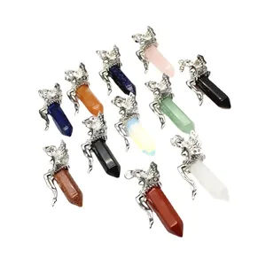 Hexagonal natural crystal stone point pendants with decorative silver fairy caps