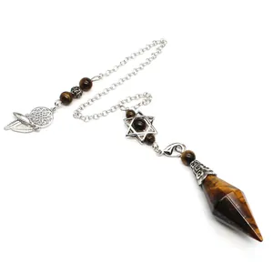 Natural Tiger's eye stone rhombic pendulum hanging with dreamcatcher and hexagram charm
